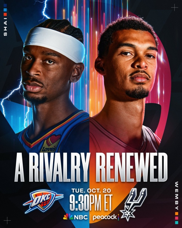 NBA官宣揭幕战海报:亚历山大VS文班亚马宿敌重逢
